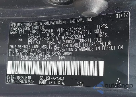 2012 Toyota Highlander Se V6 z USA, uszkodzony, nr VIN 5TDBK3EH9CS124577